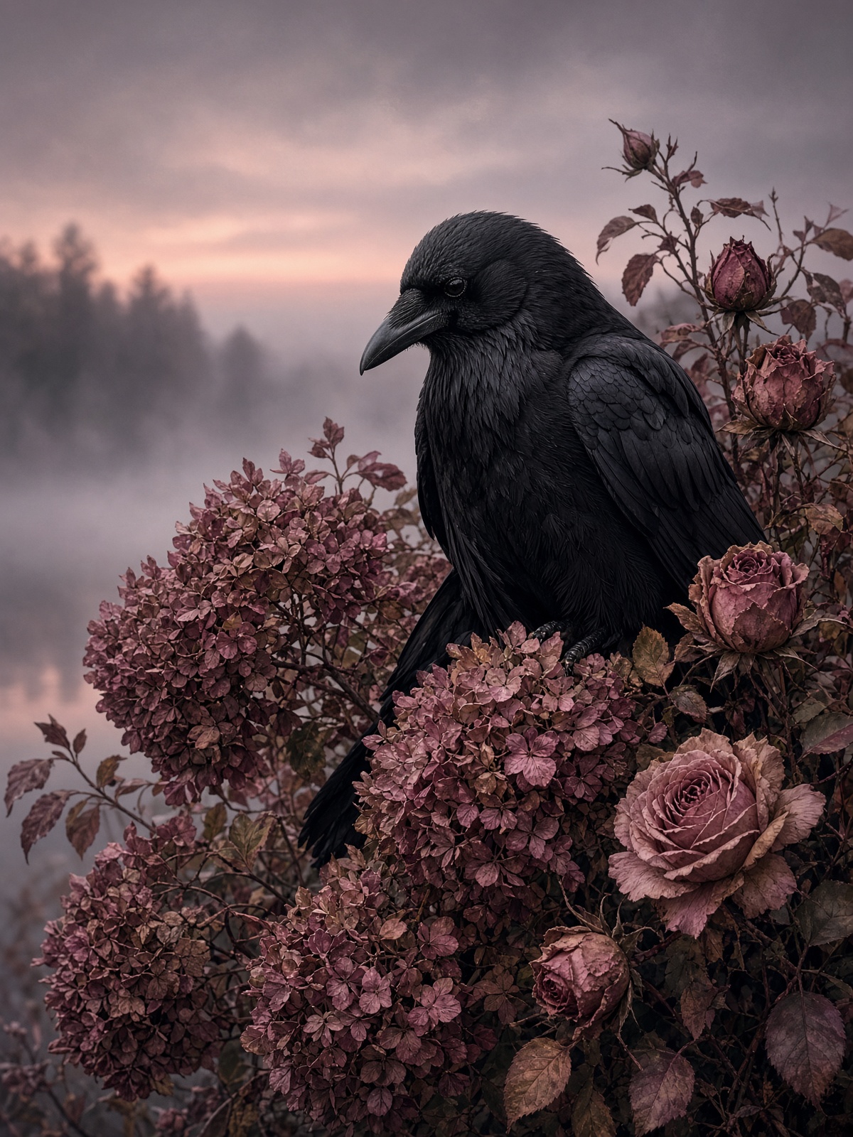 A crow among dried roses
