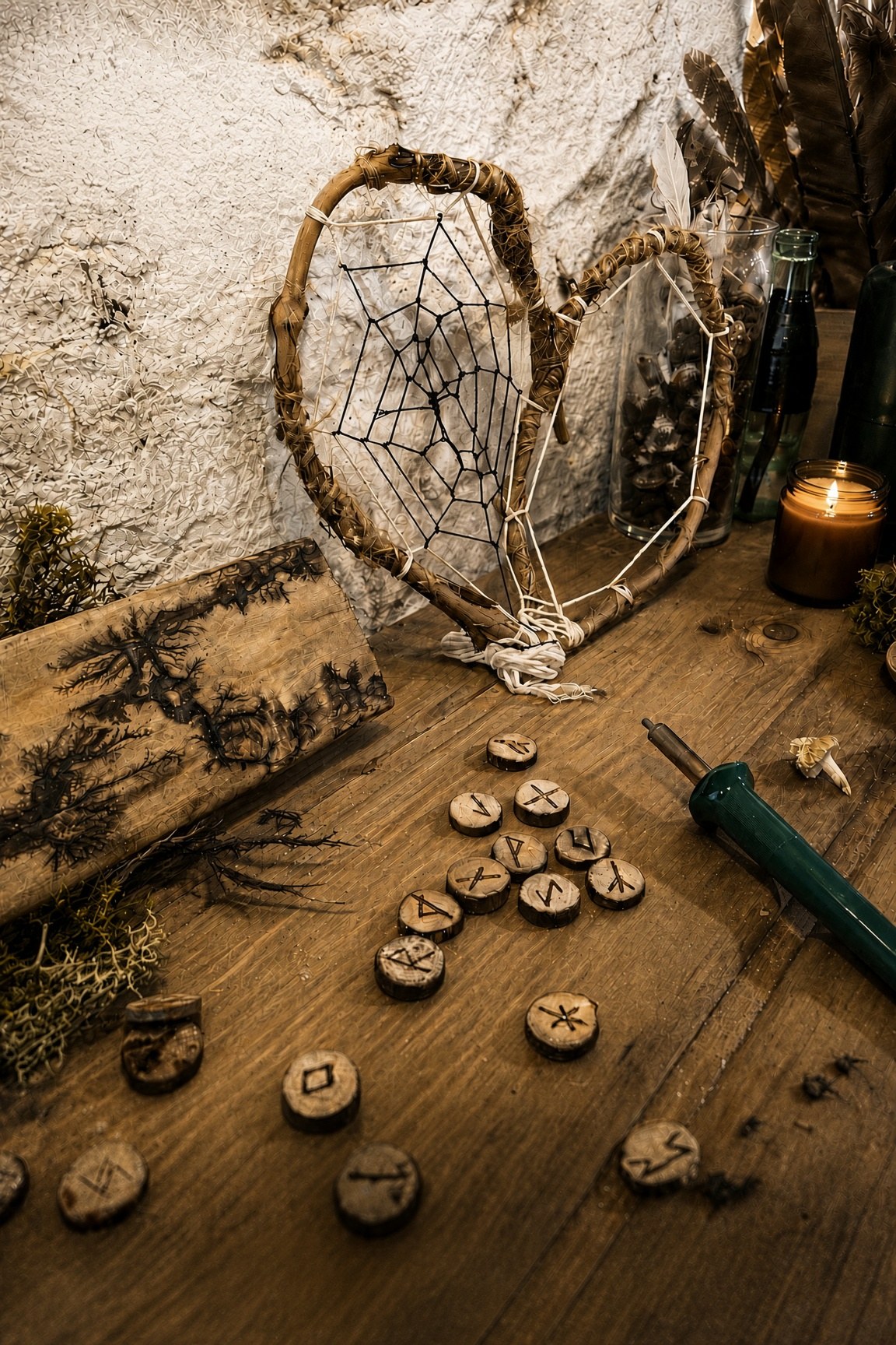The Curio & Crow workbench — runes, jawbone web, and Lichtenberg wood